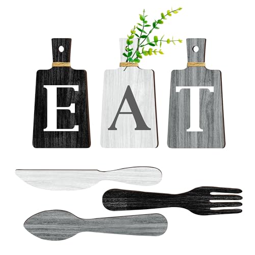 JINRICH 6 Piece Kitchen Decor Chopping Board Eat Sign Forks and Spoons Wall Decor Wooden Restaurant Hanging Sign Rustic Farmhouse Wall Art Home Decor(Black, white and gray simple)