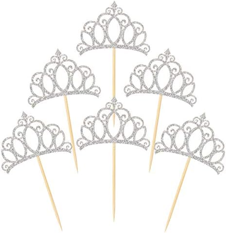 Donoter 48 Pieces Silver Glitter Princess Crown Cupcake Toppers Picks for Birthday Baby Shower Party Cake Decorations