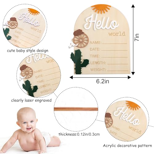 Image of Wooden inchHello World inch Baby Announcement Board - Newborn Birth Sign, Baby Shower Decor, Hospital Nursery Information Board, Baby Milestone Photo Prop, Gender Neutral Keepsake (Cowboy Hat Sun Cactus)