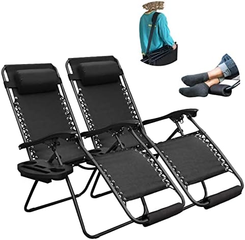 YOMIFUN Zero Gravity Chairs Set of Two, Lawn Chair, Folding Recliner Lounge Chair, Everything Included with Padded Head Pillow, Holder Tray, Shoulder Strap, Footrest Cushion, Black