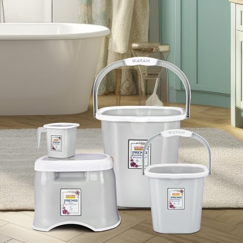 Image of RATAN PLASTICWARE Premia Bathroom Set (Bucket 5L X 1) + (Bucket 18L X 1) + (Mug 1.5L X 1) + (Small Stool X 1) - Diaso Grey|Easy to Carry | Perfect for Use in Bathrooms, Kitchen & Wet Utility Areas