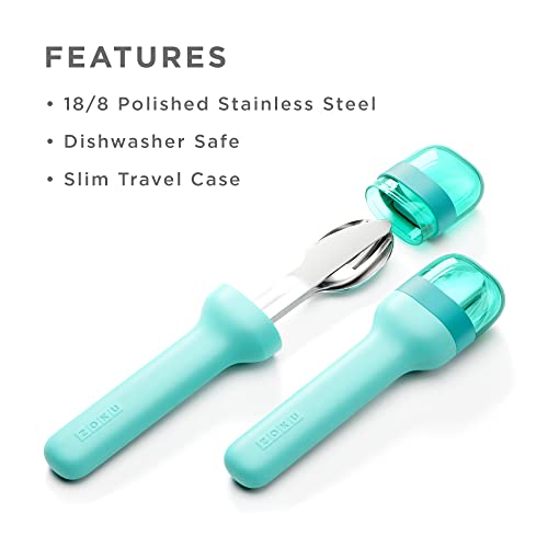 Image of Zoku Stainless Steel Pocket Utensil Set of 3 - Teal Green | Fork, Knife, Spoon in Travel Case| Reusable Portable Cutlery Set Tableware for Adults, Kids, Office, Picnics, Camping, Outdoor, Home