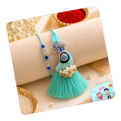 Image of CraftVatika Premium Rakhi Set for Brother and Bhabhi, Designer Evil Eye Bhaiya Bhabhi Rakhi Set of 2, Hamsa Hand Design Rakshabandhan Gift Combo with Fridge Magnet,Tilakk Set