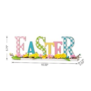 Glitzhome Plaid Wooden Easter Table Sign Decor with Flowers and Rattan 16 L Multi Color