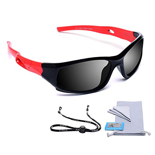 Aoduoke Sports Polarized Kids Sunglasses For Boys Girls Children Mirrored Lens Sunglasses With Strap (Black&Red | Grey Lens) #TOP1