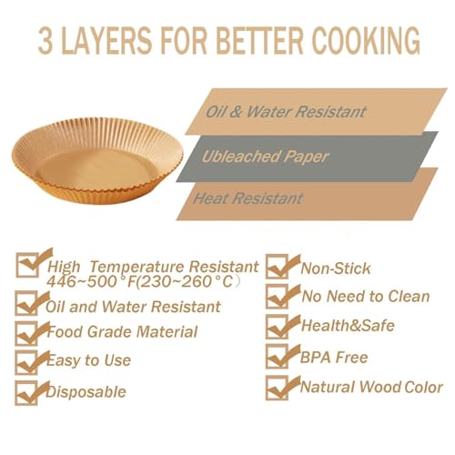 Image of RJ Shop 8 Inch Air Fryer Liners Disposable - 100 PCS Square Parchment Paper for 5-8 QT Air Fryer (Round)