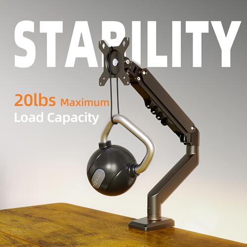 Image of Claiks Single Monitor Mount, Ergonomic Gas Spring Monitor Arm for 15-32 inch Screens, Adjustable Computer Stand up to 20 lbs, with Clamp and Grommet Base, VESA Mounting Holes 75&100mm, Black