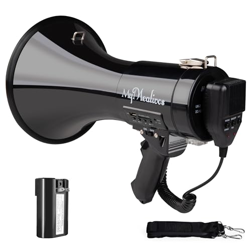 MyMealivos 50W Megaphone Speaker with Rechargeable Battery, Cover up to 1600ft Large Outdoor Space, Bulit in Sirens, 240s Recording and Sound Amplification, Supports AUX/USB/SD Card Input-Black by MyMealivos - Used condition - US$28.69