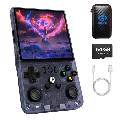 Image of R36MAX Handheld Game Console, Retro Gaming Console with 4000mAh Battery 4.0 inchIPS Screen, Open Source Linux System, with 64GB TF Card Portable Video Gaming Console, Transparent Gray