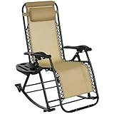 Outsunny Garden Rocking Chair Folding Recliner Outdoor Adjustable Sun Lounger Rocker Zero-Gravity Seat with Headrest Side Holder Patio Deck - Beige