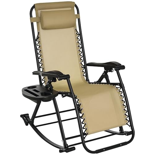 Outsunny Outdoor Rocking Chairs, Foldable Reclining Zero Gravity Lounge Rocker with Pillow, Phone & Cup Holder, Combo Design with Folding Legs, Beige