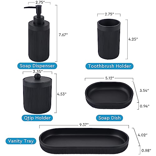 Bathroom Accessory Set 5Pcs-Lotion Soap Dispenser,Toothbrush Holder,Qtip Holder Dispenser,Vanity Tray And Soap Dish-Modern Bathroom Decor Vanity Countertop Organizer,Matte Black #TOP5