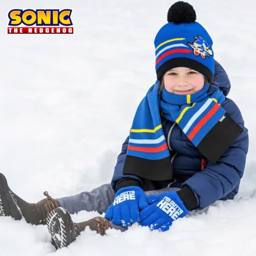 Image of Sonic The Hedgehog Winter Hat and Gloves Set - Blue Sonic Hat for Boys Ages 5-13 - Winter Hat with Scarf and Glove Set