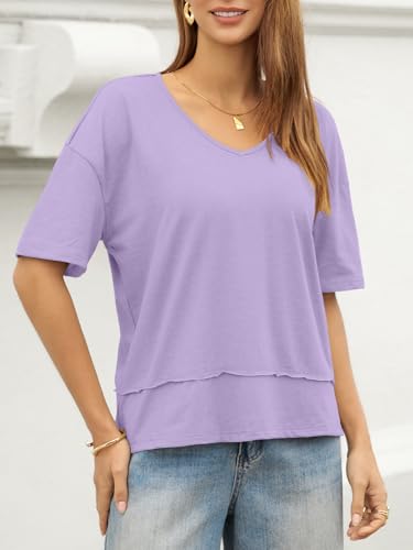Image of UNCLECAT Womens V Neck T Shirts Summer Trendy Loose Fit Casual Tops Tees | Short sleeve, Spliced hem, Flowy graphic tees,Solid color cute basic t-shirts