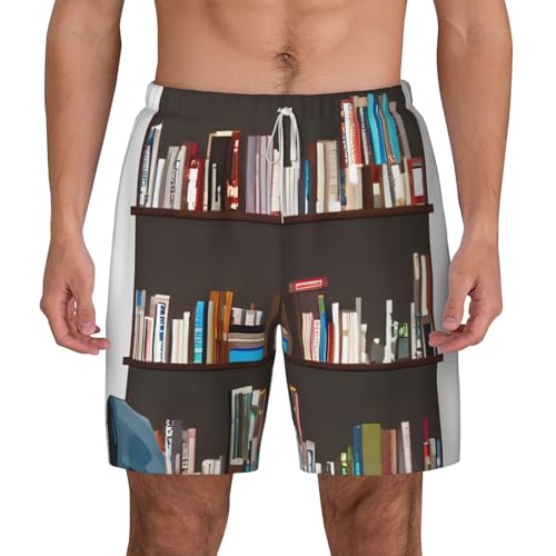 Library Bookcase Men's Soft Double Swim Shorts, Lounge Swiming Shorts Pants Breathable Summer