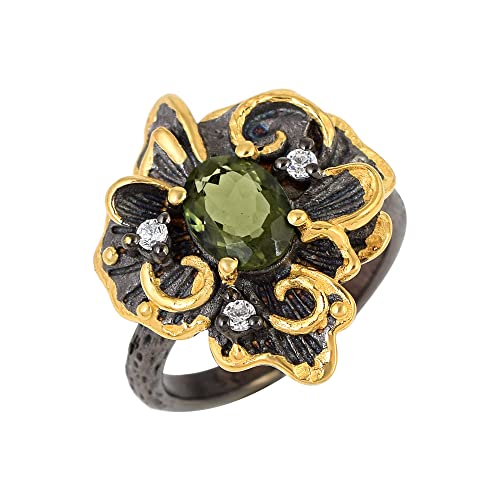 Bague en moldavite verte et argent 925 avec oxydes de zirconium