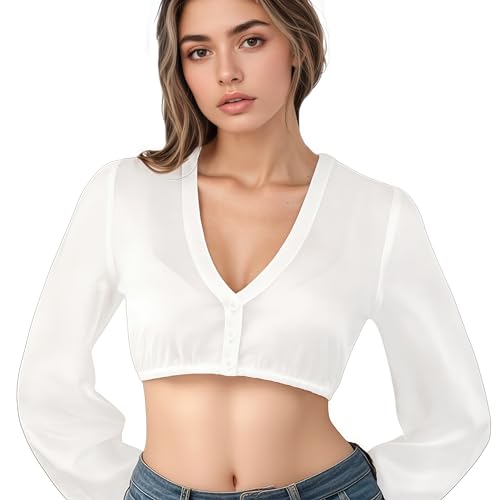 MUNSKT Bluse Damen Weiß Dirndl Bluse Damen Oktoberfest Dirndlbluse Langarm V Ausschnitt Trachtenbluse Trachten Oberteil (DE/NL/SE/PL Numerisch 40 Regular Regular Weiß)