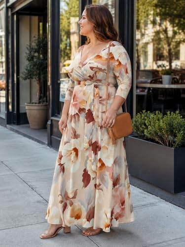 Image of SUZONANA Plus Size Maxi Dresses for Curcy Women Casual Loose 3 /4 Sleeve Long Dress with Belt