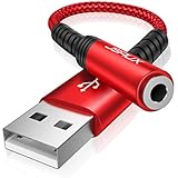 JSAUX USB to 3.5mm Jack Audio Adapter, USB to Audio Jack Adapter Headset, USB-A to 3.5mm TRRS 4-Pole Female, External Stereo Sound Card for Headphone, Mac, PS4, PC, Laptop, Desktops -Red/0.6FT