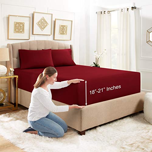 Empyrean Bedding Extra Deep Fitted Sheets Full Size - 24" Extra Deep Fitted Sheets Set With 2 Pillowcases - 3 Piece Extra Deep Fitted Bed Sheet - Extra Deep Full Size Fitted Bed Sheets - Ruby Burgundy