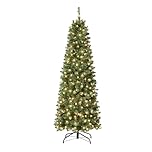 Celebright 6ft/1.8m Artificial Pencil Slim Space Saving Christmas Tree, Pre Lit With 300 Warm White & Multi Colour LED Lights - On/Off Pedal Included - 11 Light Functions(Green)