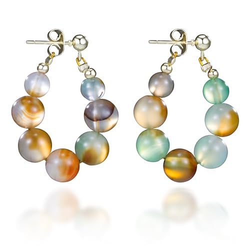 Agate Tiger Eye Beaded Hoop Earrings Gold Plated Hypoallergenic Natural Quartz Healing Gemstone Crystal Lightweight Boho Statement Jewelry for Women