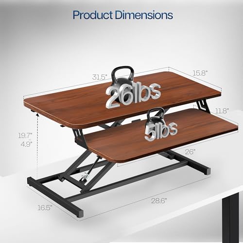 Image of VIVO Dark Walnut 32 inch Standing Desk Riser, DESK-V000SD | Height Adjustable, Stand Up Desk Converter, Quick Sit to Stand, Tabletop Dual Monitor Riser Workstation, Minimal Assembly