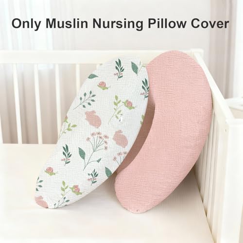 Image of Little Grape Land Muslin Nursing Pillow Covers 2 Pack, 100% Cotton Removable Breastfeeding Pillow Covers, Feeding Pillow Slipcovers for Baby Boys & Girls, (Bunny & Pink)