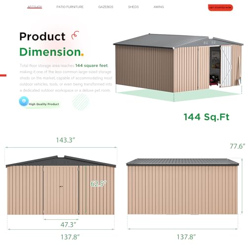 AECOJOY 12' x 12' Shed Metal, Outdoor Storage Sheds & Outdoor Storage 12' x 12' with Lockable Doors, Large Steel Yard Shed, Utility and Tool Storage for Garden, Backyard, Patio, Outside use in Grey