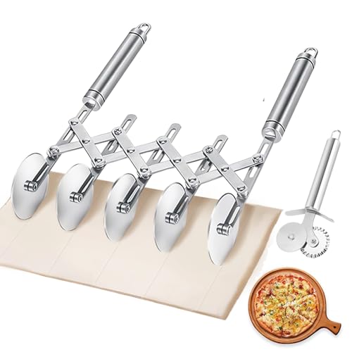 Mlesi 5 Wheel Pastry Cutter, Stainless Steel Dough Cutter Wheel with Handle, Dual Fluted Ravioli Pasta Noodle Pizza Slicer, Expandable Round Pastry Knife, Versatile Cookie Dough Divider