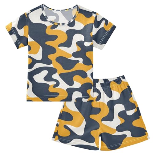 ALAZA Blue Abstract Yellow Pajamas Set Short Sleeve Cotton Sleepwear Summer Pjs 2 Piece 5-14Y