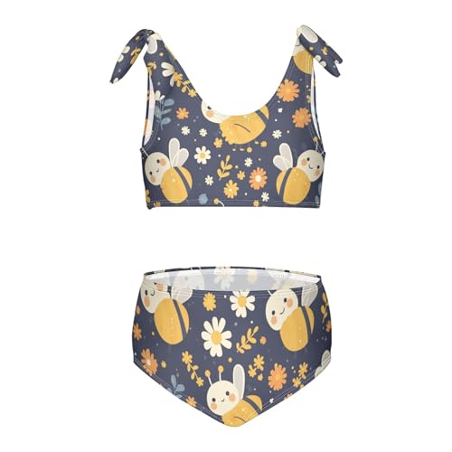 Vintage Embroidery Honey Bee with Wild Flowers Girls' 2 Piece Kids Bikini Set Scoop Neck Swimsuits Swimwear Adjustable