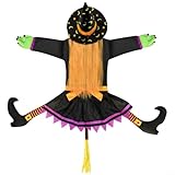 ComfyHarbor Bruja iluminada que se estrella en el árbol de Halloween para jardín o patio al aire libre, figura de bruja voladora de pelo naranja de tamaño real con iluminación LED y correas para