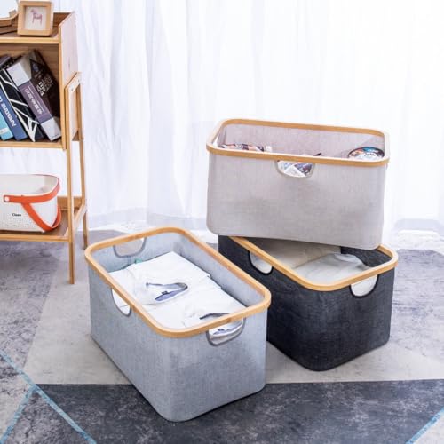 Collapsible Laundry Hamper with Bamboo Rim, Large Oxford Fabric Clothes Storage Basket with Side Handles, Foldable Organizer Bin for Bedroom Bathroom Dorm, Gray Beige Black Available - Image 2