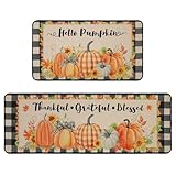 MEHOFOND Hello Pumpkin Kitchen Mats Set of 2, Fall Thanksgiving Decor Mat, Buffalo Plaid Farmhouse Autumn Harvest Pumpkin Thankful Holiday Absorbent Non Slip Anti Fatigue Rugs 17 x 29 and 17 x 47 in