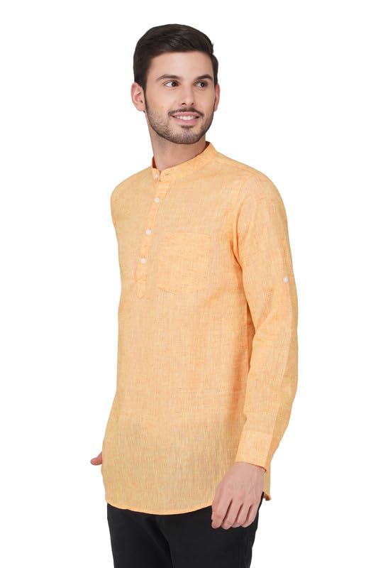 Image of Vastraa Fusion Men's Handloom Weaving Pure Cotton Short Kurta, Round Collar, Full Sleeves,Button Kurta, Ethnic Wear