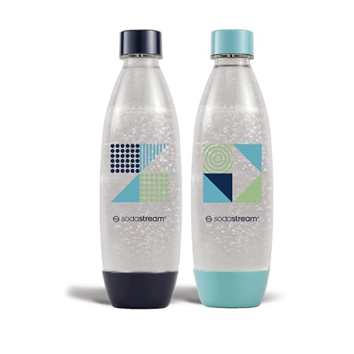 sodastream Pack de 2 Bouteilles 1L pour Machine à Eau Pétillante et Soda | Technologie Snap & Lock à Clipser | Compatibles Lave-Vaisselle | sans BPA | Détails Bleu Foncé et Cyan