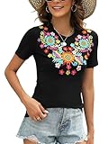 Mexican Shirts for Women Embroidered Tops Traditional Summer Blouse Women's Floral Tunic Short Sleeve Cinco De Mayo Fiesta Outfit Fiesta Clothing Casual Short Sleeve Style Sunflower Black