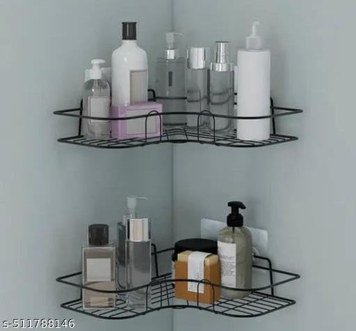 (Pack of 2) Wall Mounted Self-Adhesive Bathroom Corner Shelf/Kitchen Rack & Holder - Bathroom Accessories (Material-GI Metal, Powder Coated Finish, Black, 3