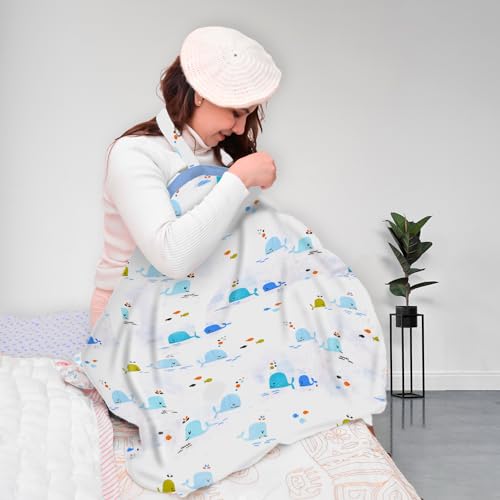 Image of MOM'S HOME Organic Cotton Muslin Nursing Cover For Breastfeeding Apron | Blue Whale - 1 Count