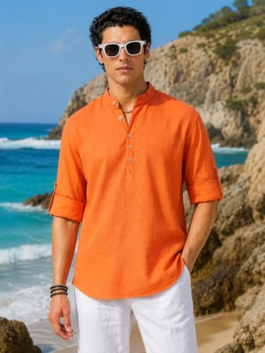 Image of Majestic Man Men's Pure Cotton Solid Mandarin Collar Slim Fit Roll-Up Sleeves Short Kurta Lightweight Summer Kurta for Daily & Occasion Use
