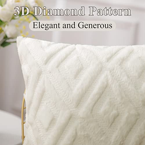 Pallene Soft Faux Fur Throw Pillow Covers 18X18 - Plush Short Wool Velvet Decorative Pillow Covers - Couch Sofa Pillow Covers For Living Room - With 3D Diamond Pattern - Set Of 2 - Cream White #TOP2