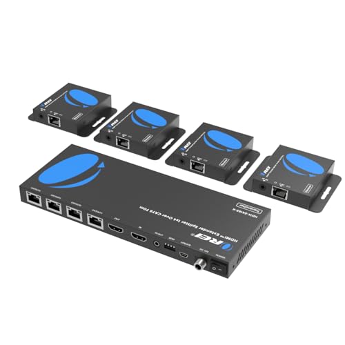 OREI 4K 1x4 HDMI Extender Splitter Over CAT6/7 Ethernet Cable Up to 4K@30Hz upto 165 ft-1080P@60Hz upto 230 ft, IR control, EDID, HDMI Loop Out (HD14-EX165-K)