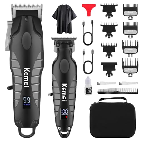 KEMEI Cortapelos profesional para hombres, juego completo de cortadora de peluquería inalámbrica con cuchilla en T, kit completo de corte de pelo eléctrico con 7 guías, cuerpo de metal, recargable