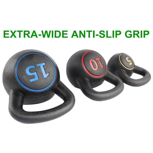 Set di 3 kettlebell da 2,27 kg, 4,54 kg, 6,8 kg, impugnatura in vinile antiscivolo e fondo gommato, non danneggia il pavimento e silenzioso, per palestra a casa e allenamento della forza, nero