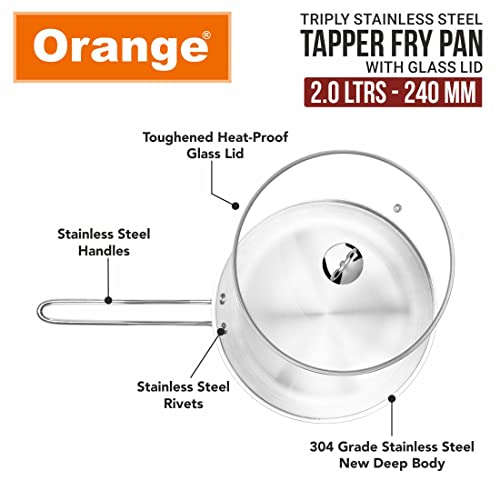 Image of Orange Triply Stainless Steel Fry Pan with Riveted Cast Long Handle with Glass Lid | 2 Litre Capacity, 24cm Diameter | Heavy Bottom | Gas top and Induction Friendly | Silver | 5 Year Warranty
