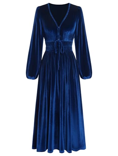 ZAFUL Womens Long Sleeve Velvet Dress 2025 Fall V Neck Holiday Cocktail Party Semi Formal Midi Dresses for Wedding Guest, Royal Blue, Large