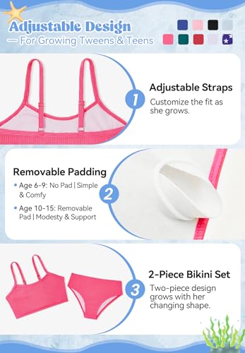 Image of Zando 2 Piece Ribbed Swimsuits for Teen Girls Kids Size 6-15 Years High Waisted Solid Cute Bikini for Summer Beach Wear