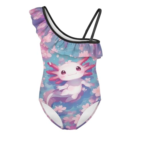 Image of WELLFLYHOM Axolotl Girls One Piece Swimsuits 3-14 Ruffle One Shoulder Bathing Suits Full Coverage Beachwear