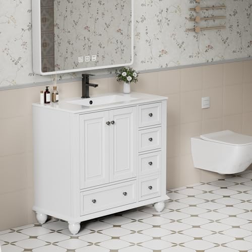 eclife 36\" Bathroom Vanity Sink Combo Vintage Style with Painted Solid Wood Construction, Retro Vanities Storage Cabinet w/Gourd Leg Base, Undermount Sink Faucet Drain, White - Thumbnail 3